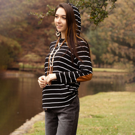 10245 - Striped Hoodie with Elbow Patches and Pockets - Black