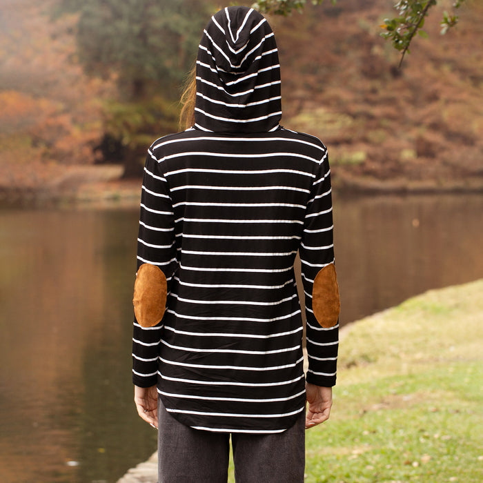 10245 - Striped Hoodie with Elbow Patches and Pockets - Black