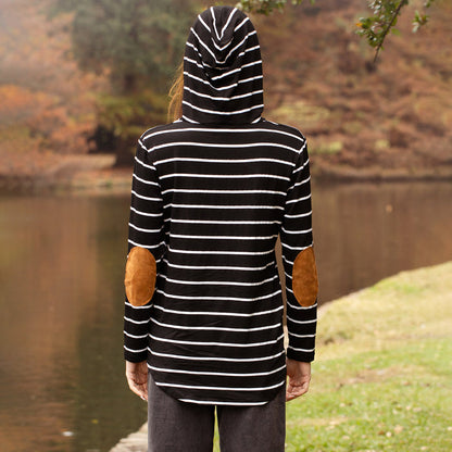 10245 - Striped Hoodie with Elbow Patches and Pockets - Black