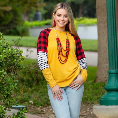 10281 - Buffalo Plaid and Stripes Long Sleeve Top - Mustard