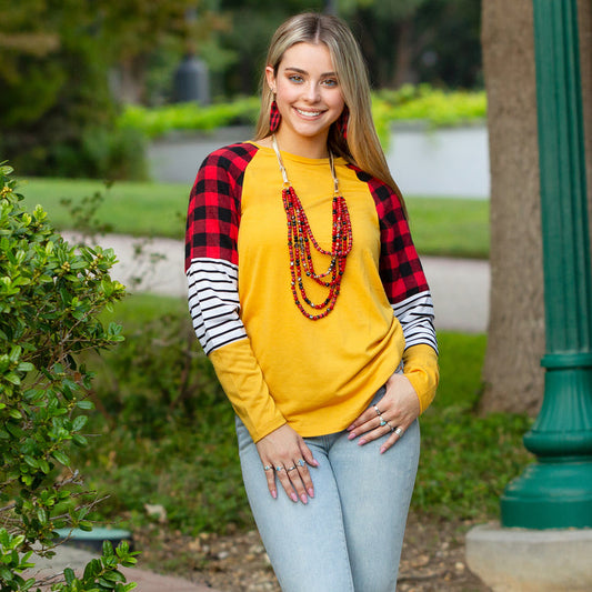 10281 - Buffalo Plaid and Stripes Long Sleeve Top - Mustard