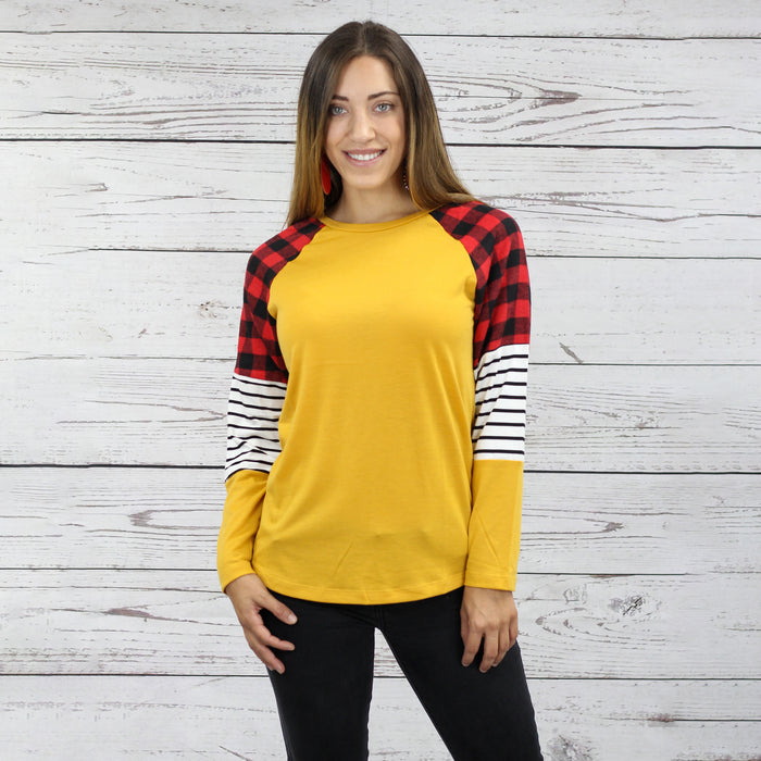 10281 - Buffalo Plaid and Stripes Long Sleeve Top - Mustard