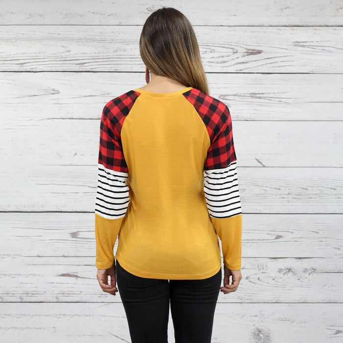 10281 - Buffalo Plaid and Stripes Long Sleeve Top - Mustard
