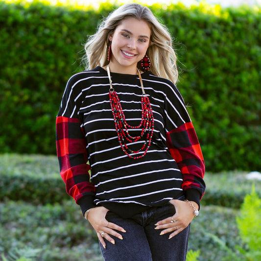 10361 - Long Sleeve Stripes Top with Buffalo Plaid Sleeves