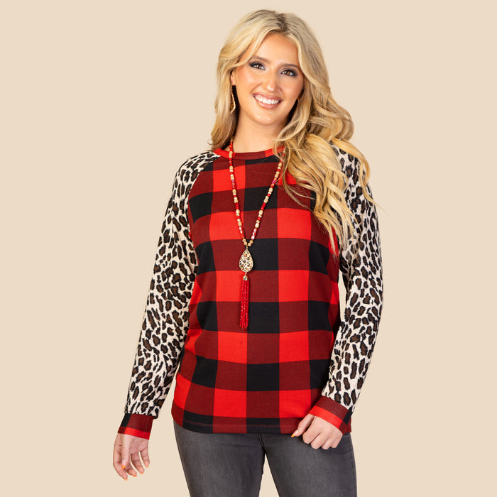 10369 - Buffalo Plaid Top with Leopard Sleeves