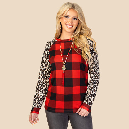 10369 - Buffalo Plaid Top with Leopard Sleeves