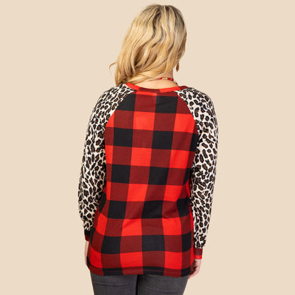 10369 - Buffalo Plaid Top with Leopard Sleeves
