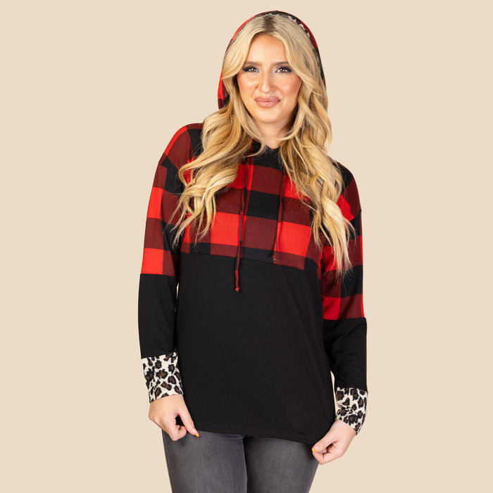 10431 - Buffalo Plaid Hoodie Top with Leopard Accents
