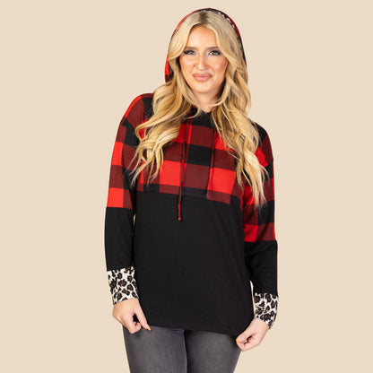 10431 - Buffalo Plaid Hoodie Top with Leopard Accents