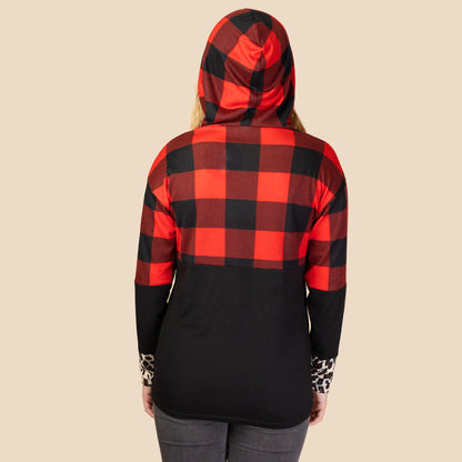 10431 - Buffalo Plaid Hoodie Top with Leopard Accents