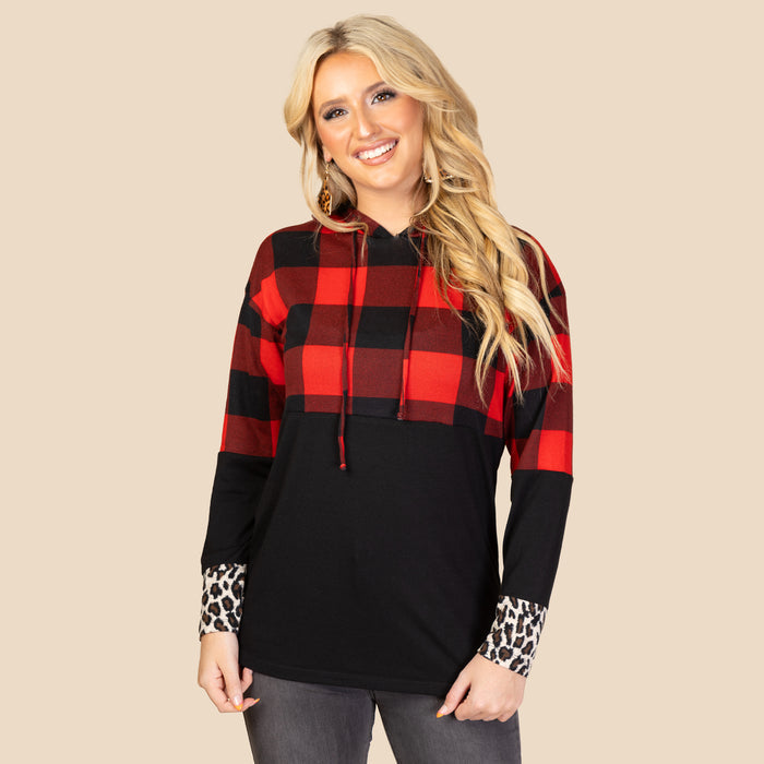 10431 - Buffalo Plaid Hoodie Top with Leopard Accents