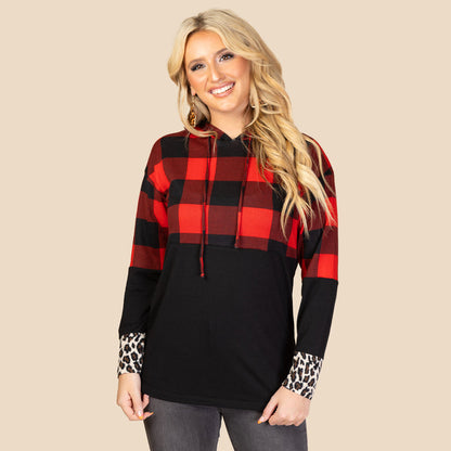 10431 - Buffalo Plaid Hoodie Top with Leopard Accents