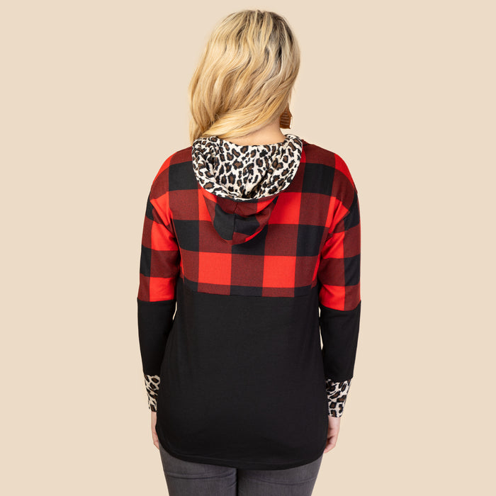 10431 - Buffalo Plaid Hoodie Top with Leopard Accents