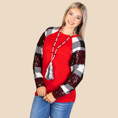 10436 - Plaid and Sequin Long Sleeve Top - Red White