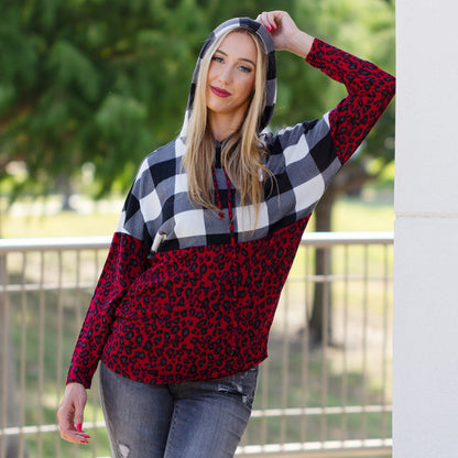 10437 - Leopard and Buffalo Plaid Hoodie with Pockets