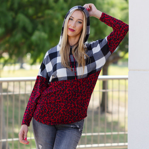 10437 - Leopard and Buffalo Plaid Hoodie with Pockets