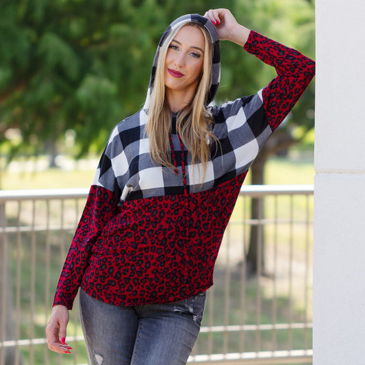 10437 - Leopard and Buffalo Plaid Hoodie with Pockets
