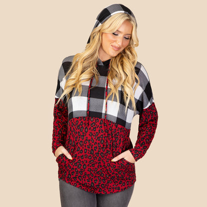 10437 - Leopard and Buffalo Plaid Hoodie with Pockets