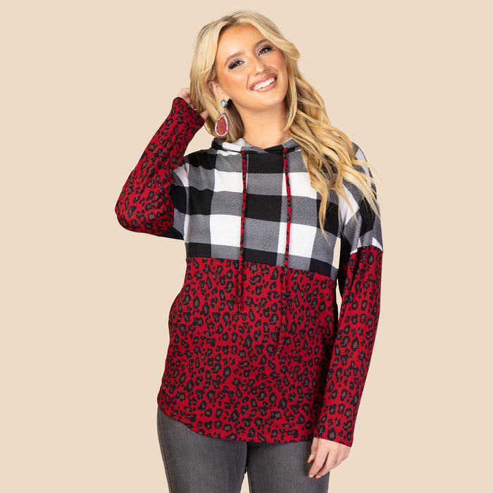 10437 - Leopard and Buffalo Plaid Hoodie with Pockets
