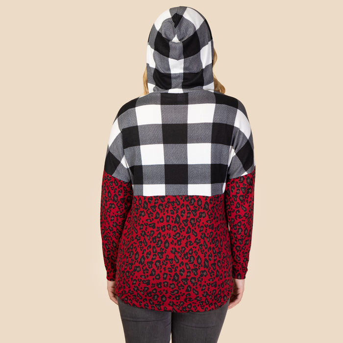 10437 - Leopard and Buffalo Plaid Hoodie with Pockets