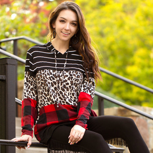 10442 - Buffalo Plaid and Stripes Hoodie with Pockets - Black