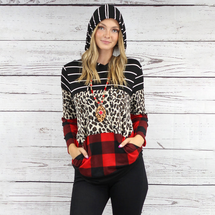 10442 - Buffalo Plaid and Stripes Hoodie with Pockets - Black
