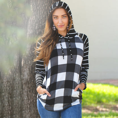 10481 - Striped Hoodie with Buffalo Plaid Print Top - Black White