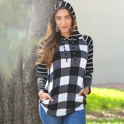 10481 - Striped Hoodie with Buffalo Plaid Print Top - Black White