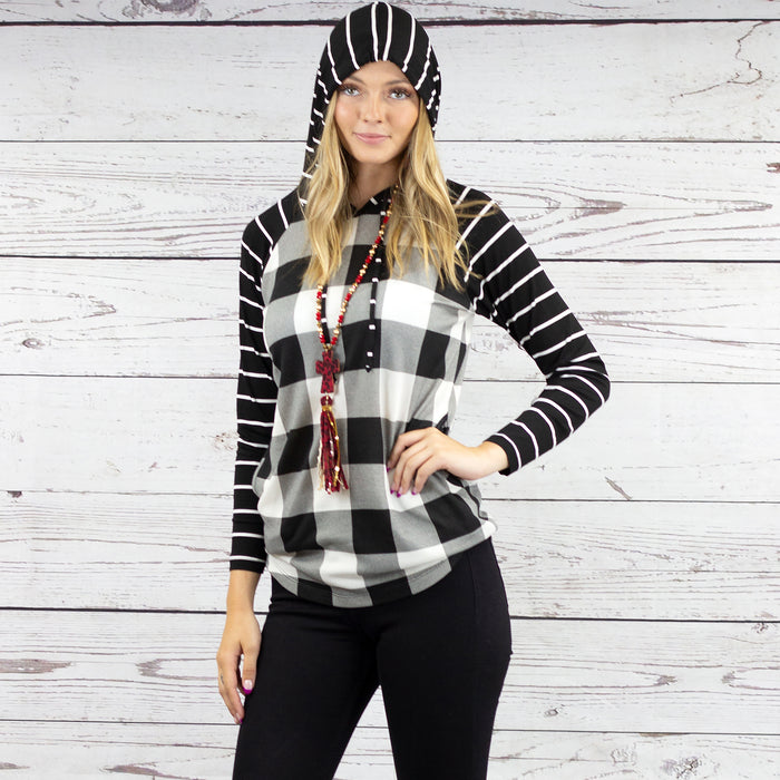 10481 - Striped Hoodie with Buffalo Plaid Print Top - Black White