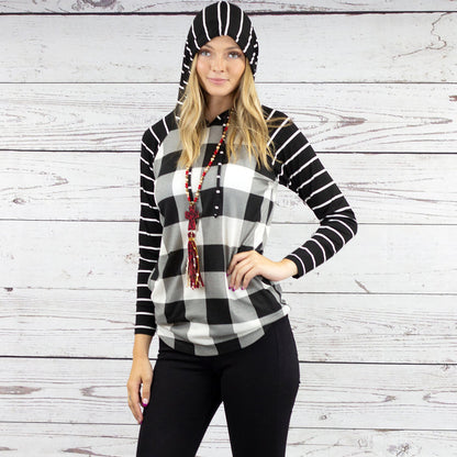 10481 - Striped Hoodie with Buffalo Plaid Print Top - Black White