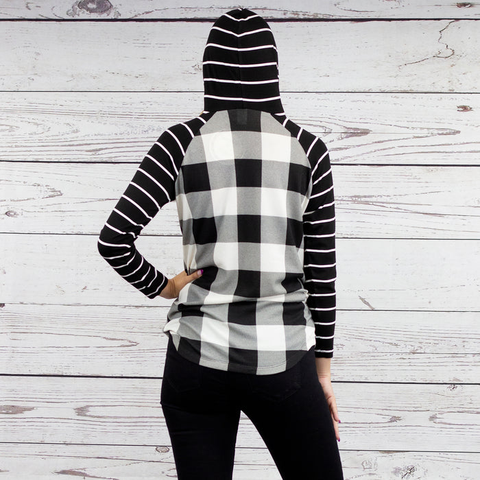 10481 - Striped Hoodie with Buffalo Plaid Print Top - Black White