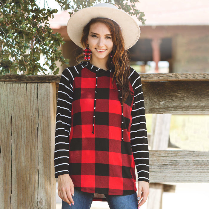 10481 - Striped Hoodie with Buffalo Plaid Print Top - Buffalo Plaid