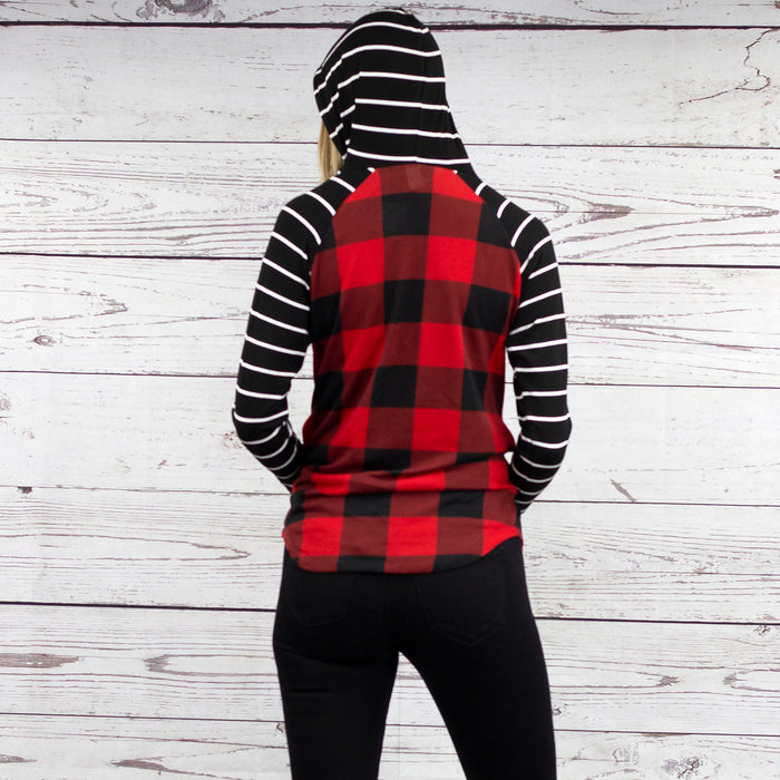 10481 - Striped Hoodie with Buffalo Plaid Print Top - Buffalo Plaid