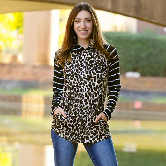 10481 - Striped Hoodie with Buffalo Plaid Print Top - Leopard