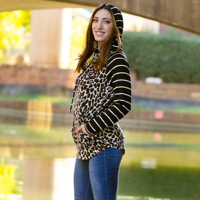 10481 - Striped Hoodie with Buffalo Plaid Print Top - Leopard