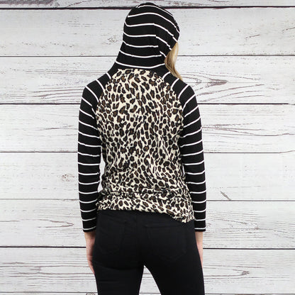 10481 - Striped Hoodie with Buffalo Plaid Print Top - Leopard