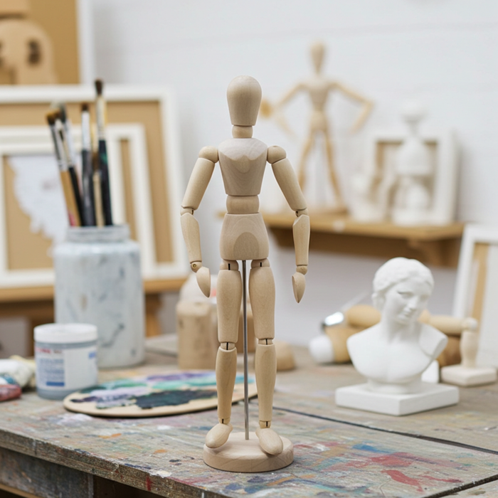 Wooden mannequin on a table with art supplies in an artist's studio
