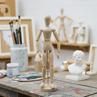 Wooden mannequin on a table with art supplies in an artist's studio