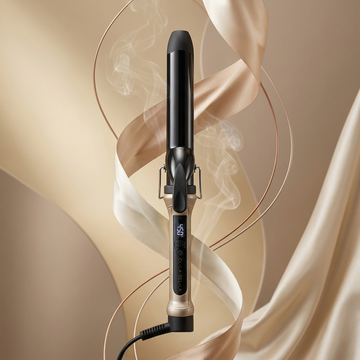 The Olla Bella 1.25" Ceramic Digital Curling Iron shown with smoke on a background of beige and gold ribbons.