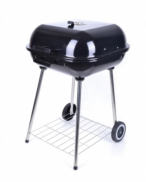 Black barbecue grill with wheels on a white background