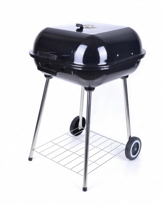 Black barbecue grill with wheels on a white background