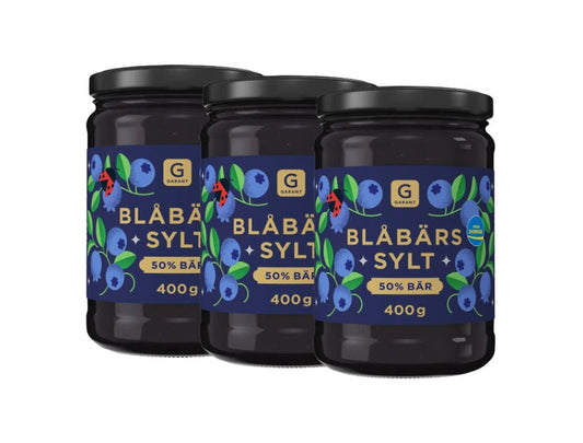3 × Garant Blåbärssylt 50% Bär 400g – Swedish Blueberry Jam Multipack, three jars of authentic Swedish blueberry jam with 50% blueberries