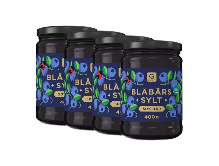 4 × Garant Blåbärssylt 50% Bär 400g – Swedish Blueberry Jam Multipack, four jars of authentic Swedish blueberry jam with 50% blueberries