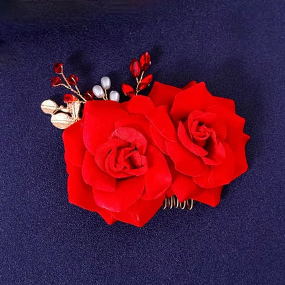 Wedding Hair Accessories - Red Rose Floral Hair Comb