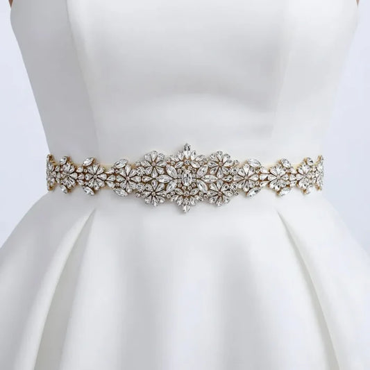 Elegant Gold Crystal Bridal Belt on Champagne Satin Ribbon