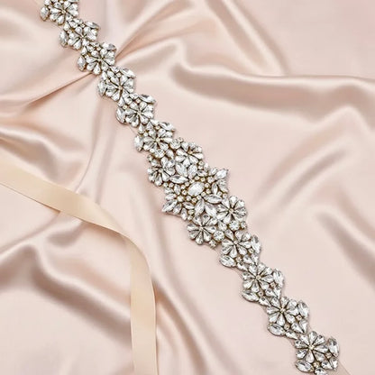 Elegant Gold Crystal Bridal Belt on Champagne Satin Ribbon