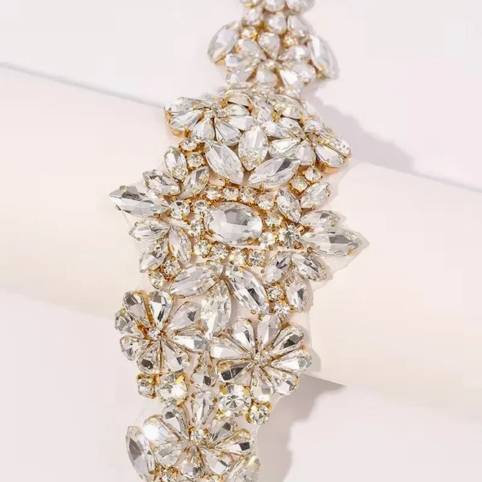 Elegant Gold Crystal Bridal Belt on Champagne Satin Ribbon