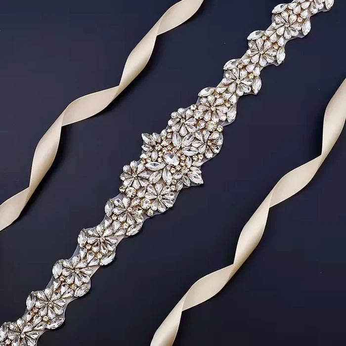 Elegant Gold Crystal Bridal Belt on Champagne Satin Ribbon