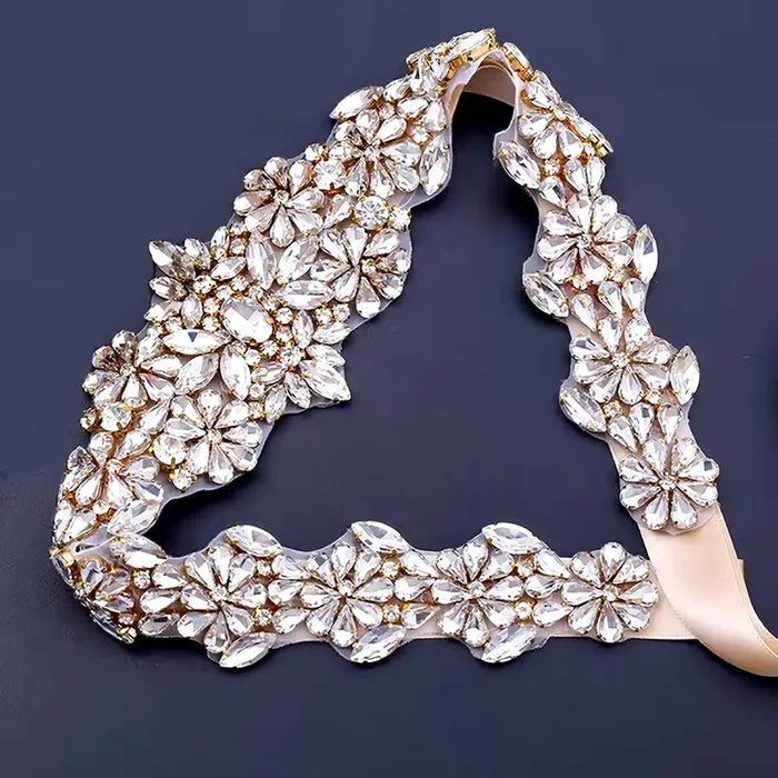 Elegant Gold Crystal Bridal Belt on Champagne Satin Ribbon