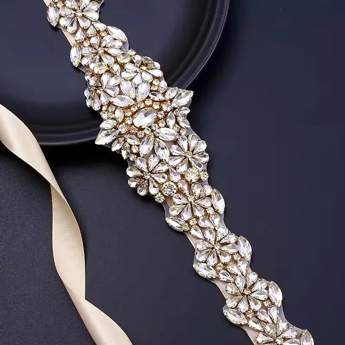 Elegant Gold Crystal Bridal Belt on Champagne Satin Ribbon